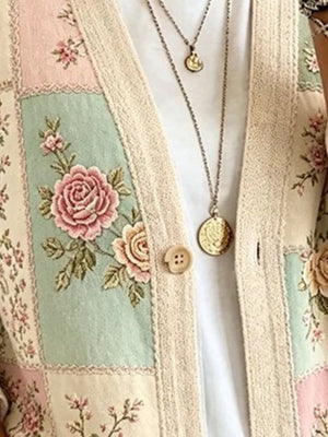 blush pink cardigan featuring ribbed and floral