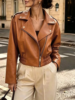 moto jacket in cognac featuring smocked and regular fit