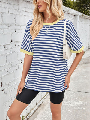 Striped Breton tee with royal blue and white stripes, lemon trim, and crew neck.