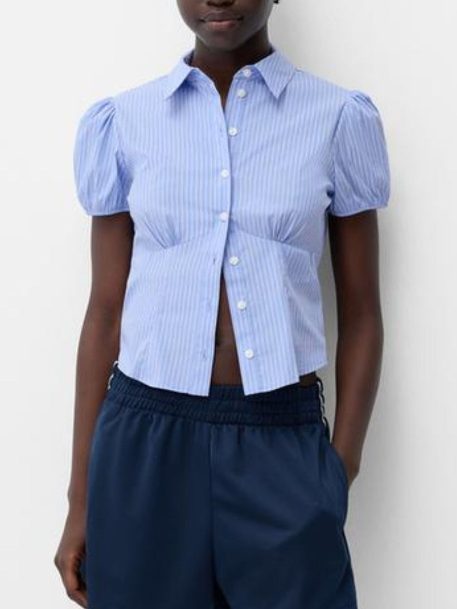 Light blue pinstripe puff sleeve button-up shirt with a fitted waist