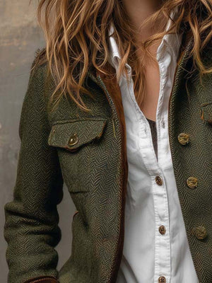 dark olive green blazer with hip-length and button-front