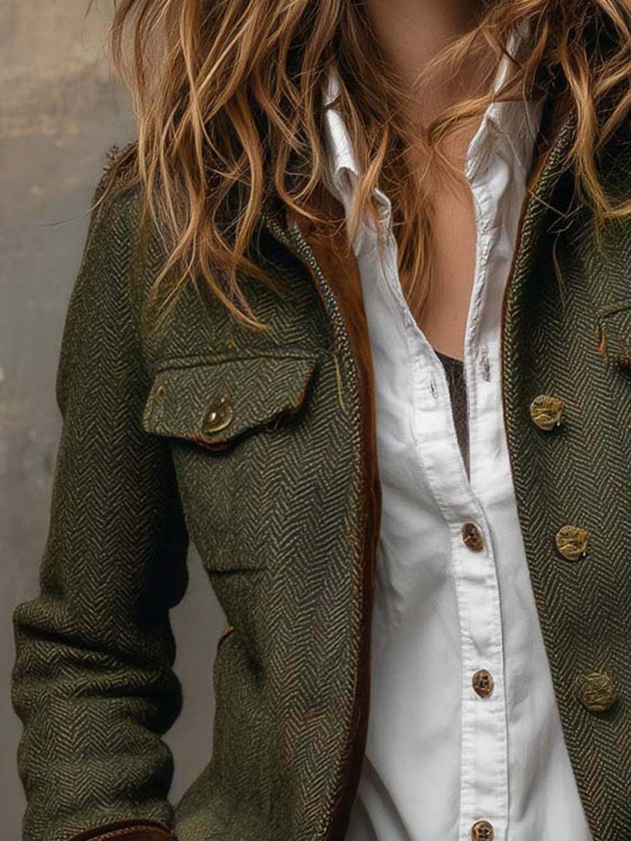 dark olive green blazer with hip-length and button-front