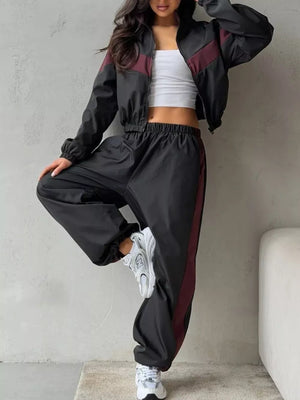 tracksuit set featuring color-block in Burgundy with 100% polyester Care instructions: Machine wash cold texture