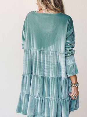 Velvet Tiered Mini Dress With Balloon Sleeves in Dusty Pink with ruffled