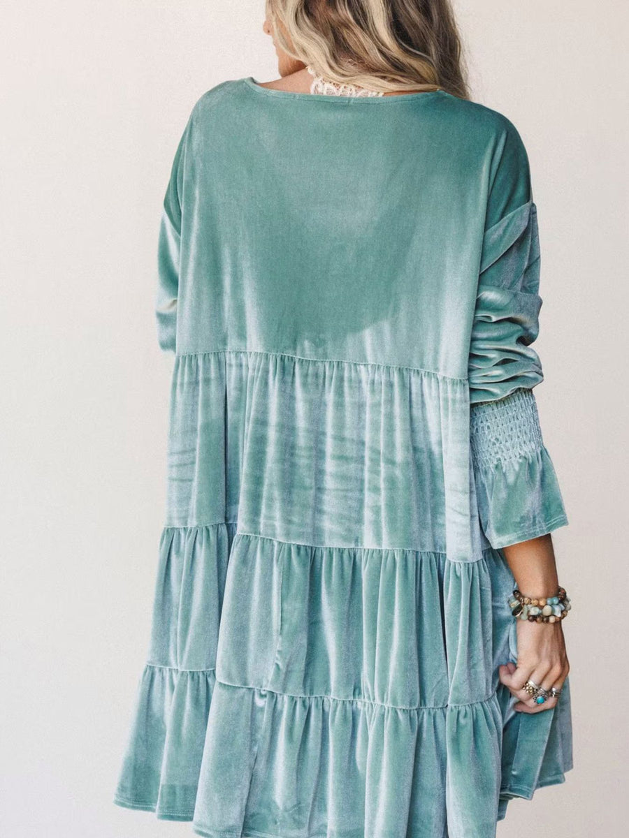 Velvet Tiered Mini Dress With Balloon Sleeves in Dusty Pink with ruffled