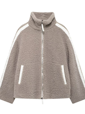 modern sherpa jacket in Khaki with mock neck