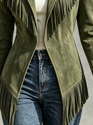 jacket in Camel with fringe and hip-length