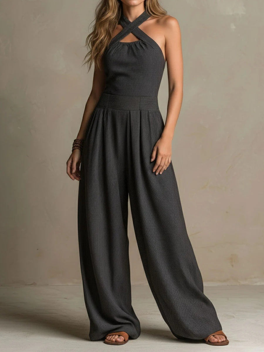 charcoal gray jumpsuit with striped and halter