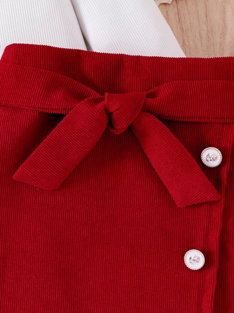 White with Children's Bow Long Sleeve Top And Skirt Set in White