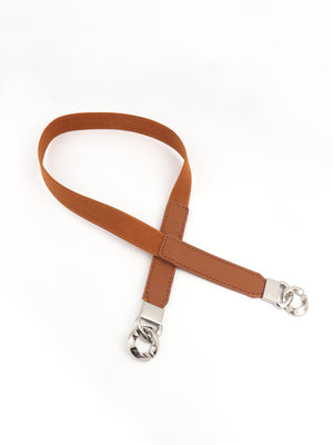 Chocolate and silver chain detail faux leather elastic belt