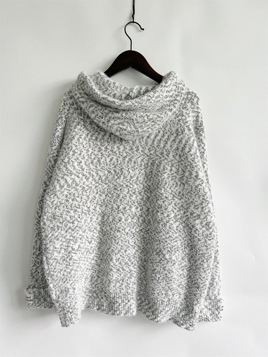 Speckled knit relaxed zip-up hoodie in white with charcoal flecks, acrylic.