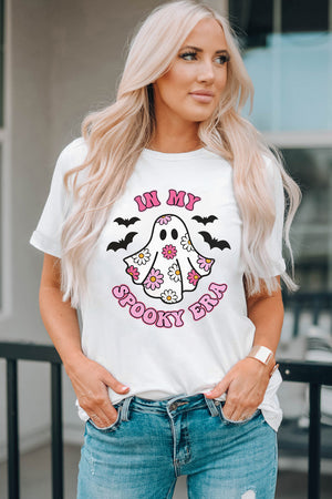 White graphic tee with a floral ghost and bats, reading In My Spooky Era.