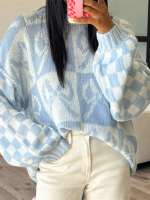 light blue pullover sweater with geometric and crew neck