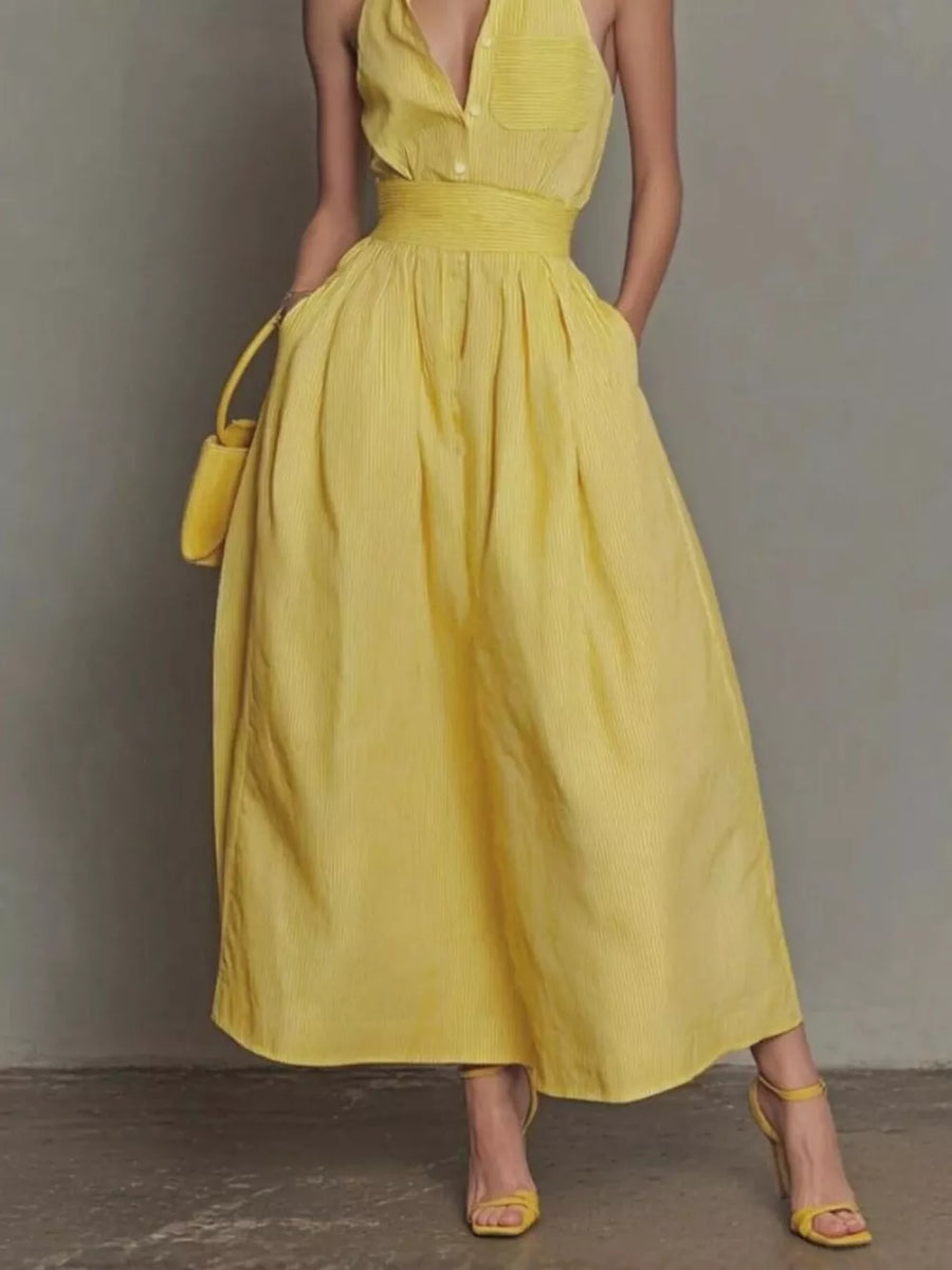 100% polyester Care instructions: Machine wash cold maxi dress in lemon yellow with A-line silhouette