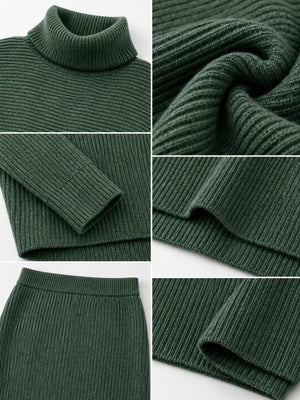 Ribbed Turtleneck Sweater Set With Midi Skirt in Gray