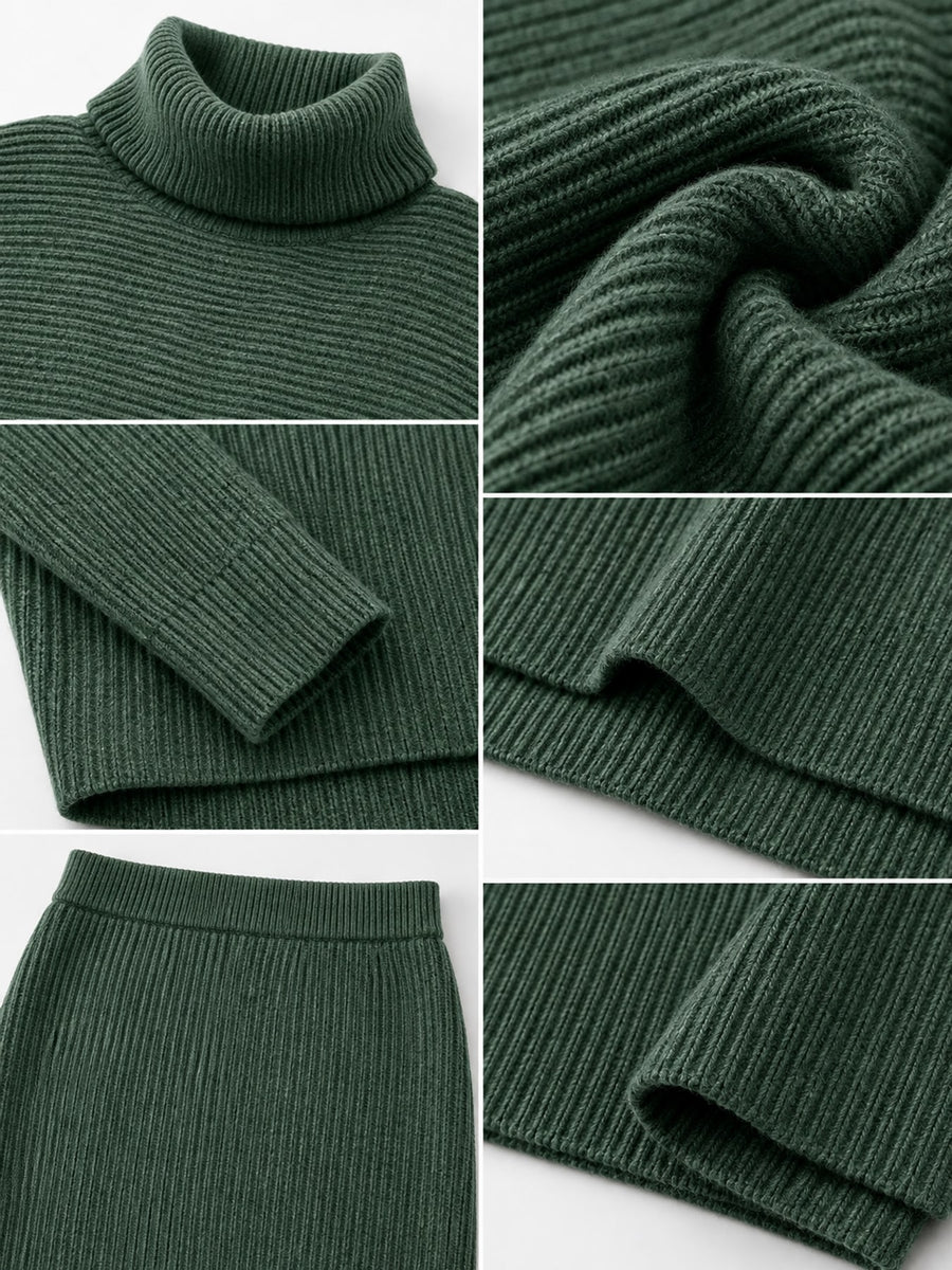 Ribbed Turtleneck Sweater Set With Midi Skirt in Gray