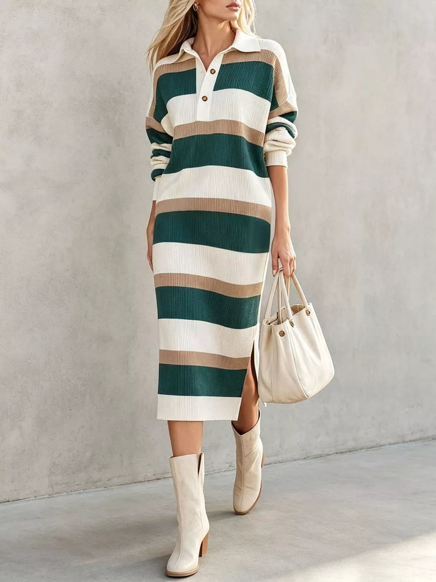forest green sweater dress with striped and collared