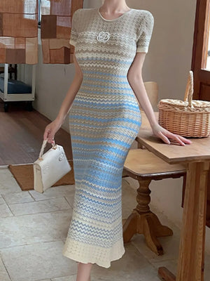 Gradient Knit Striped Midi Dress in Light Blue