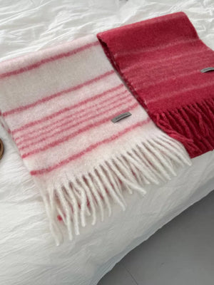 Chic striped fringe hem scarves in pink and red, soft and cozy for women.