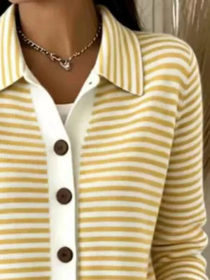 Striped Collared Button-down Knit Cardigan in Yellow with buttoned