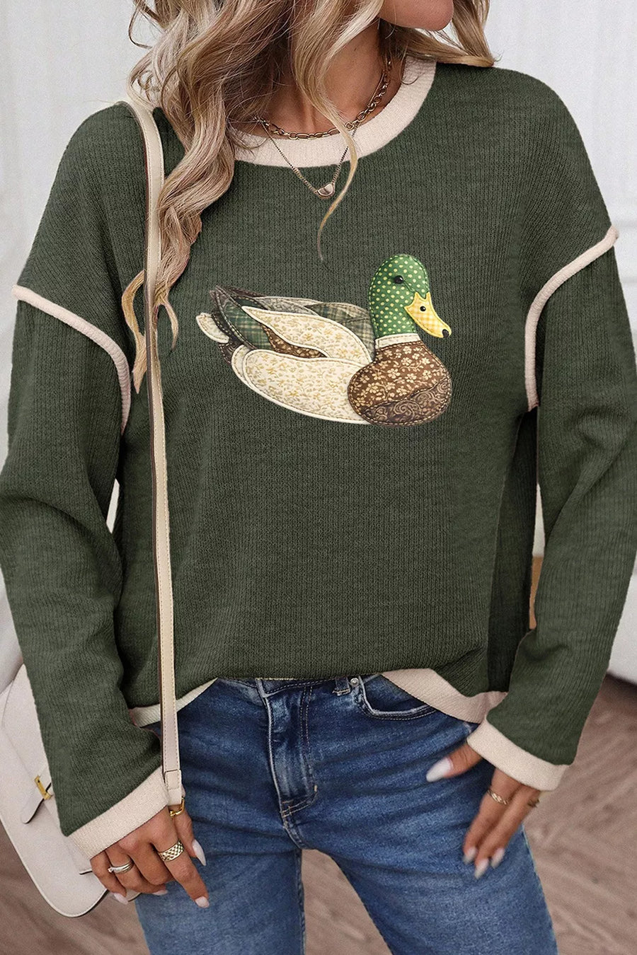 olive green pullover sweater with hip-length and pullover