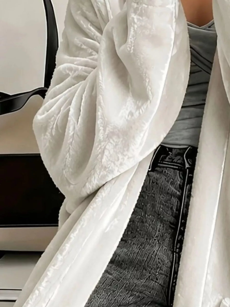 Full Size Velvet Open-front Longline Outerwear in White with pocketed