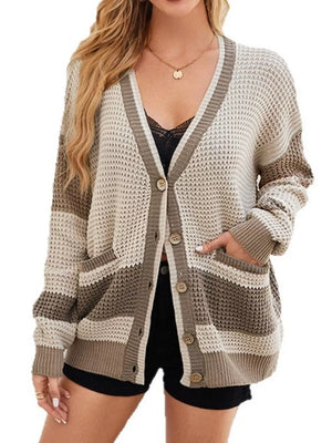 cardigan in Black with color-block and waffle-knit