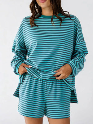 teal lounge set with striped and crew neck