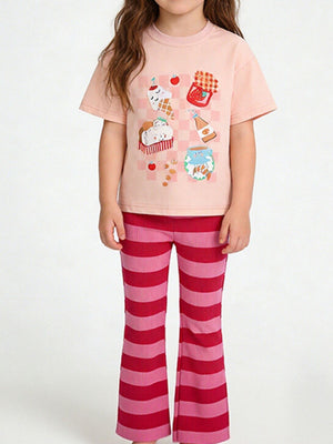 Toddler peach graphic tee with ice cream and food print, paired with pink and red striped flare pants.