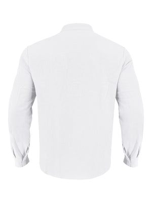 White cotton band collar button-down shirt with long sleeves