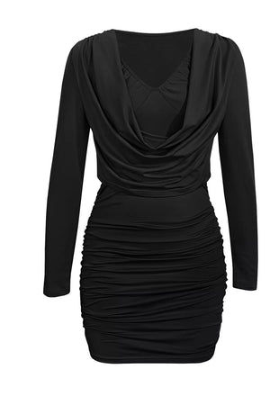 Red Ruched Cowl Neck Long Sleeve Mini Dress
