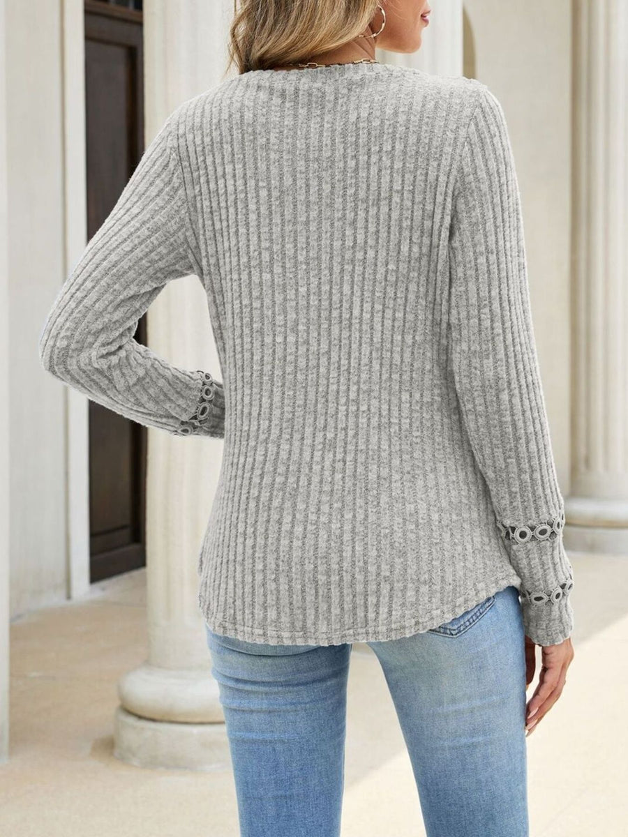 V-Neck Ribbed Knit Top With Eyelet Cuff in Black with ribbed