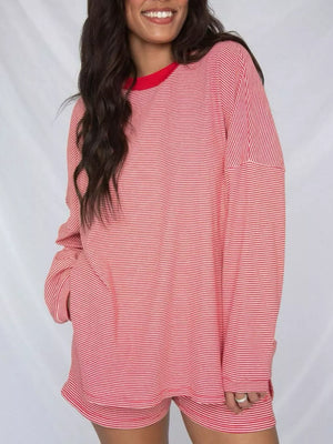 white pajama set featuring dropped shoulder and striped