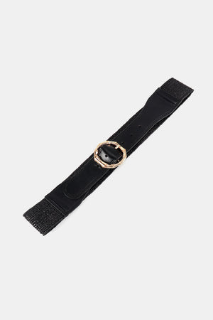 Black raffia and leather belt with gold bamboo-style buckle