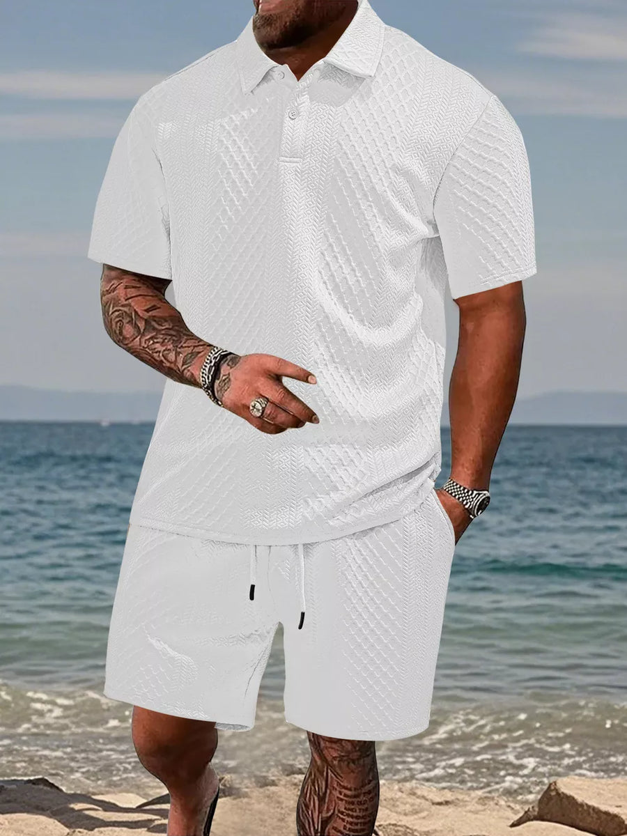 White textured knit polo shirt and drawstring shorts set for men.