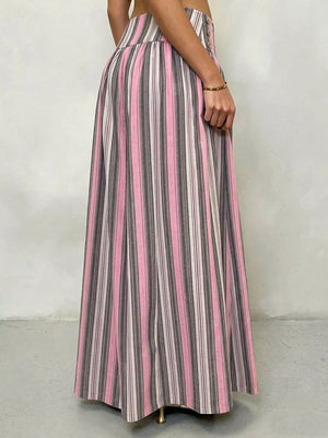 Green Pink Stripes wide-leg pants with full-length and button