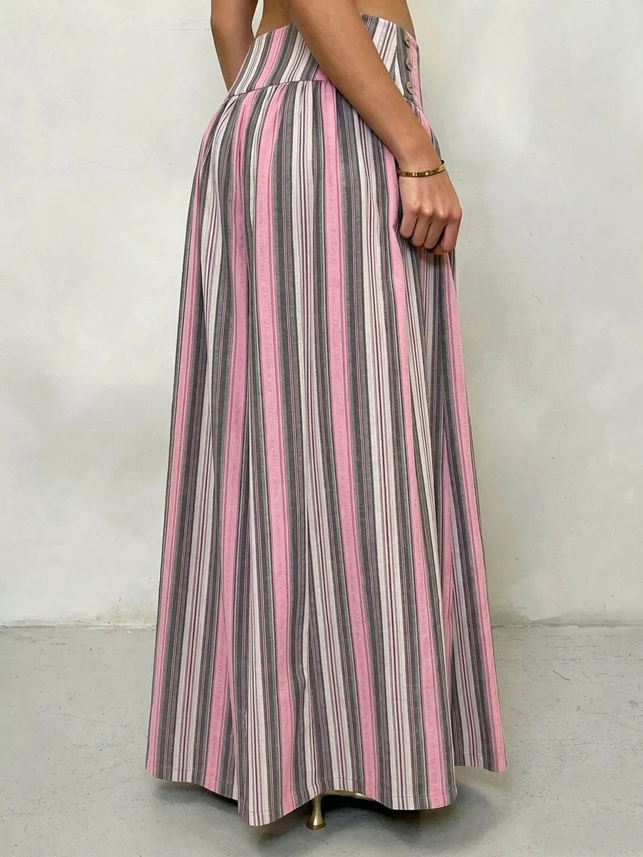 Green Pink Stripes wide-leg pants with full-length and button