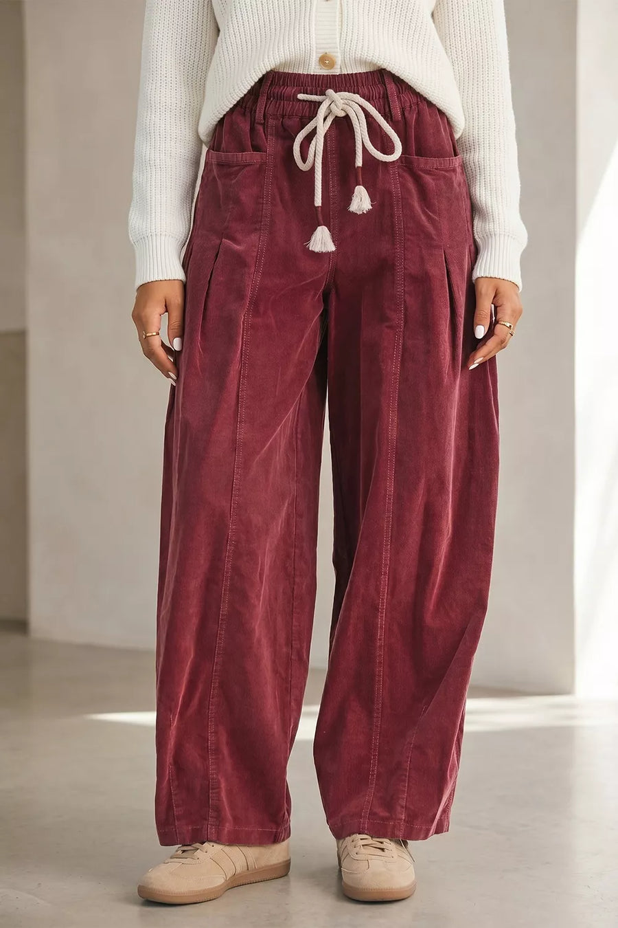 Burgundy with Elastic Waist Drawstring Corduroy Casual Pants in Burgundy