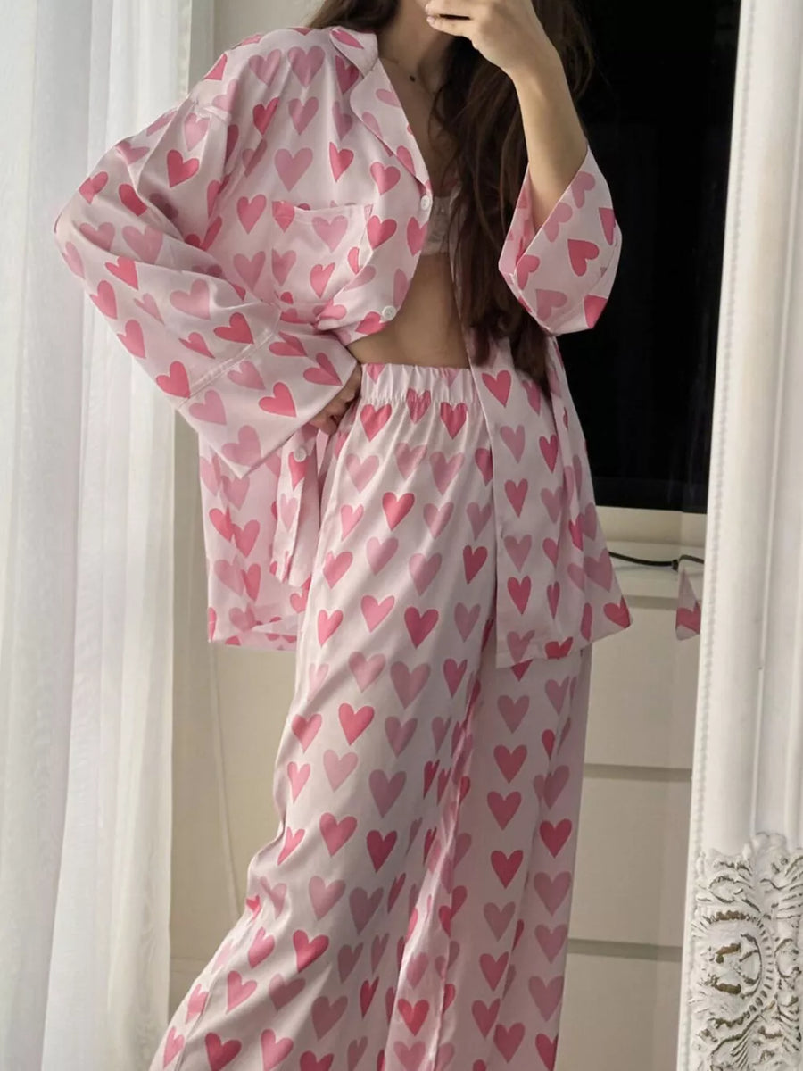 95% polyester, 5% elastane Care instructions: Machine wash cold pajama set in Blush Pink with relaxed silhouette