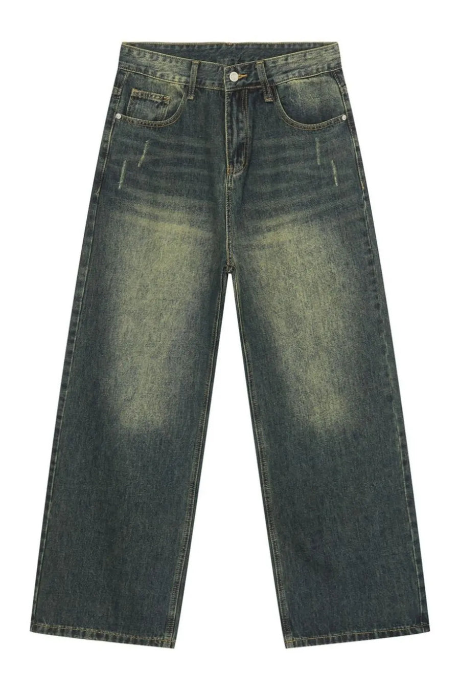 Relaxed fit dark wash denim jeans with distressed details and pockets.