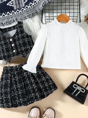 Toddler long sleeve white lace top and black plaid vest and skirt set