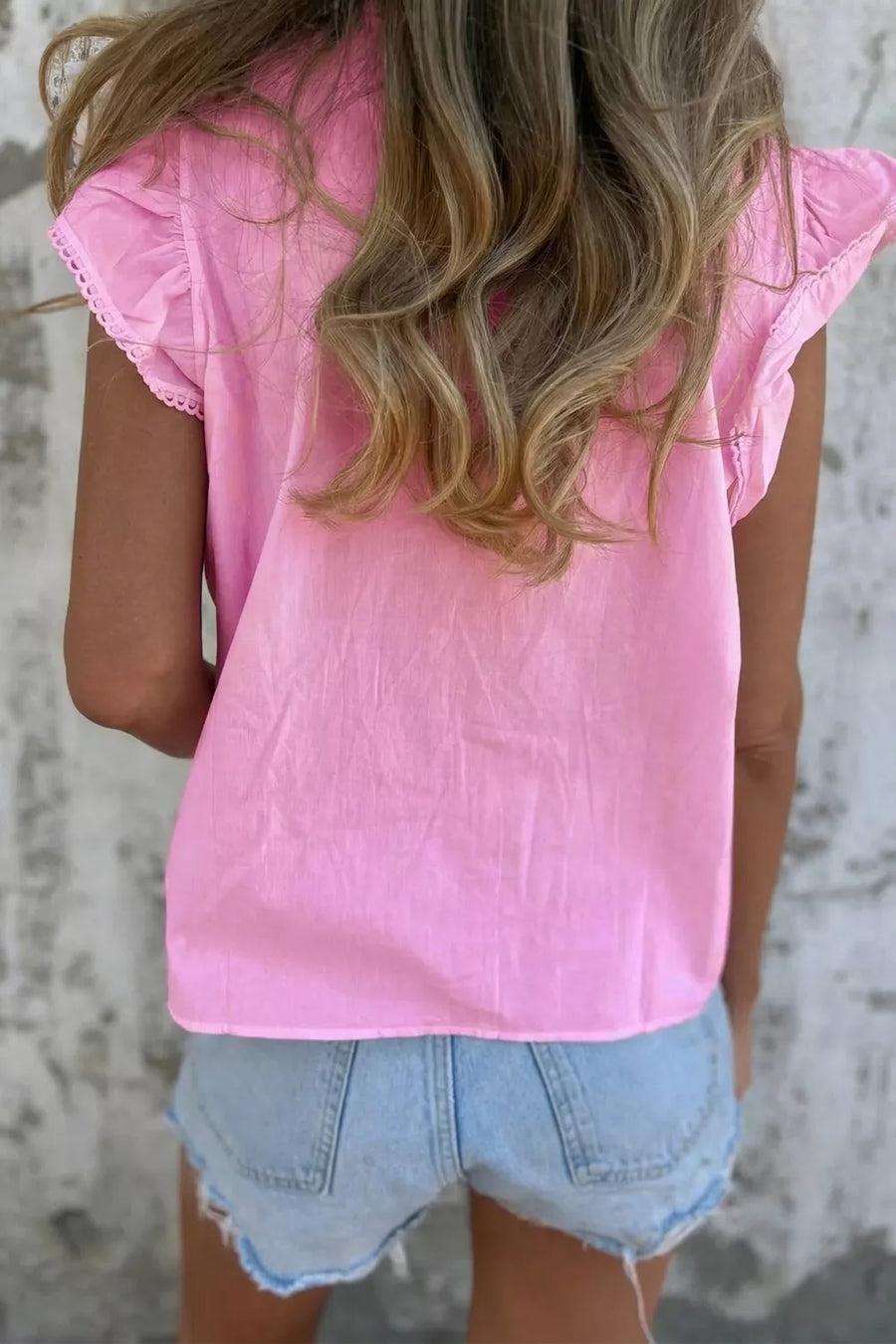 White lace flutter sleeve pleated shirt with ruffled details