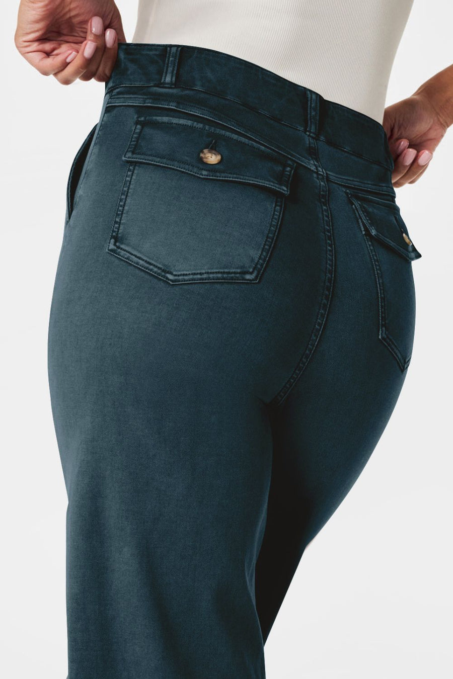 Wide-leg utility denim trousers in French Blue with buttoned flap back pockets.