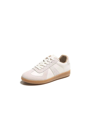 Beige suede and leather retro trainers with gum sole