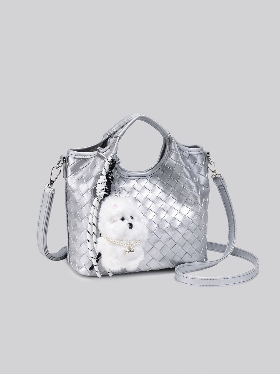 Metallic Woven Shoulder Bag With Plush Bear Charm in silver with woven texture