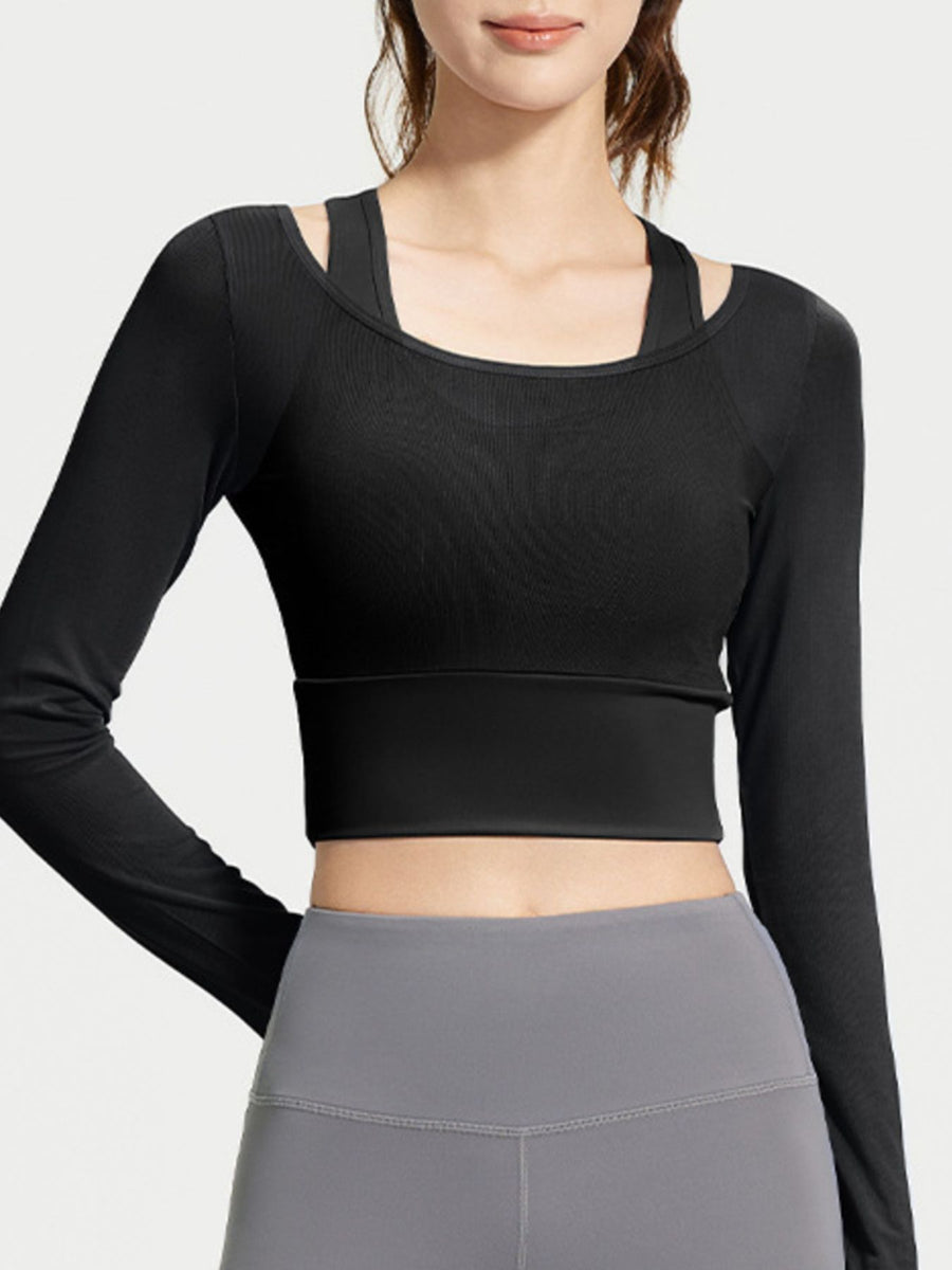 Long Sleeve Active T-Shirt With Built-In Bra in Beige with lightweight