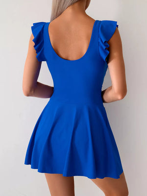 Royal blue ruffled sleeve asymmetric swim dress with flared skirt