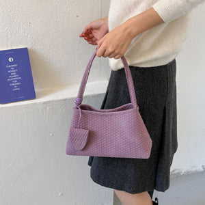 Faux-Leather Woven Texture Shoulder Bag in Purple with woven texture