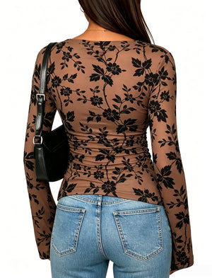 Brown floral print mesh top with long sleeves