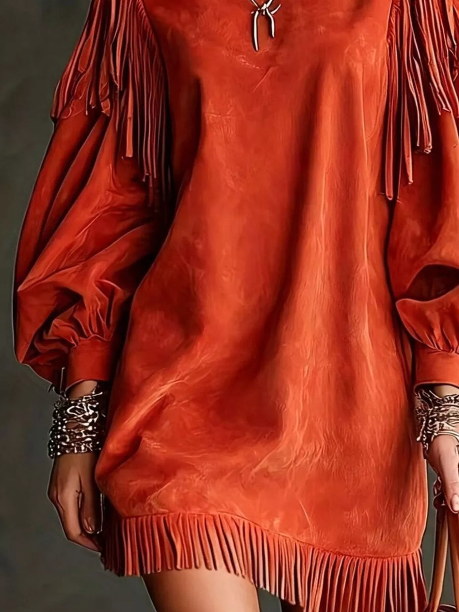boho mini dress in Brown with round neck